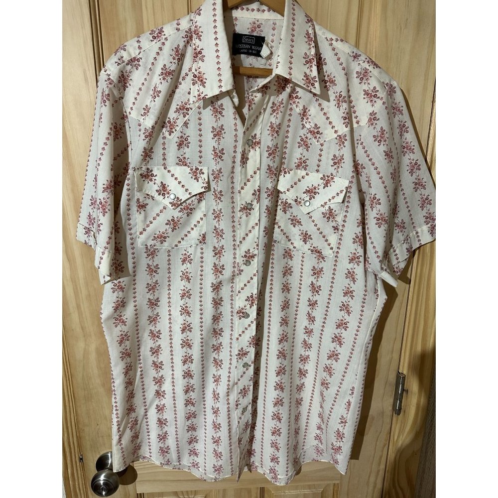 Vintage Sears Western Wear Mens Shirt Mother of Pearl Snap Floral Motif Size L